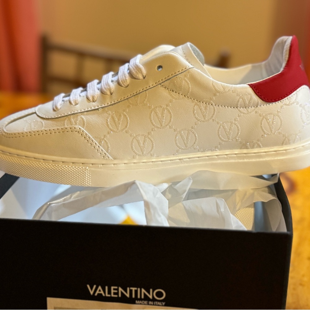 Valentino White Sneakers with Red Heel Accent